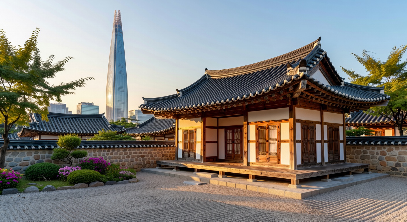 Traditional Hanok Architecture with Modern Seoul Skyline