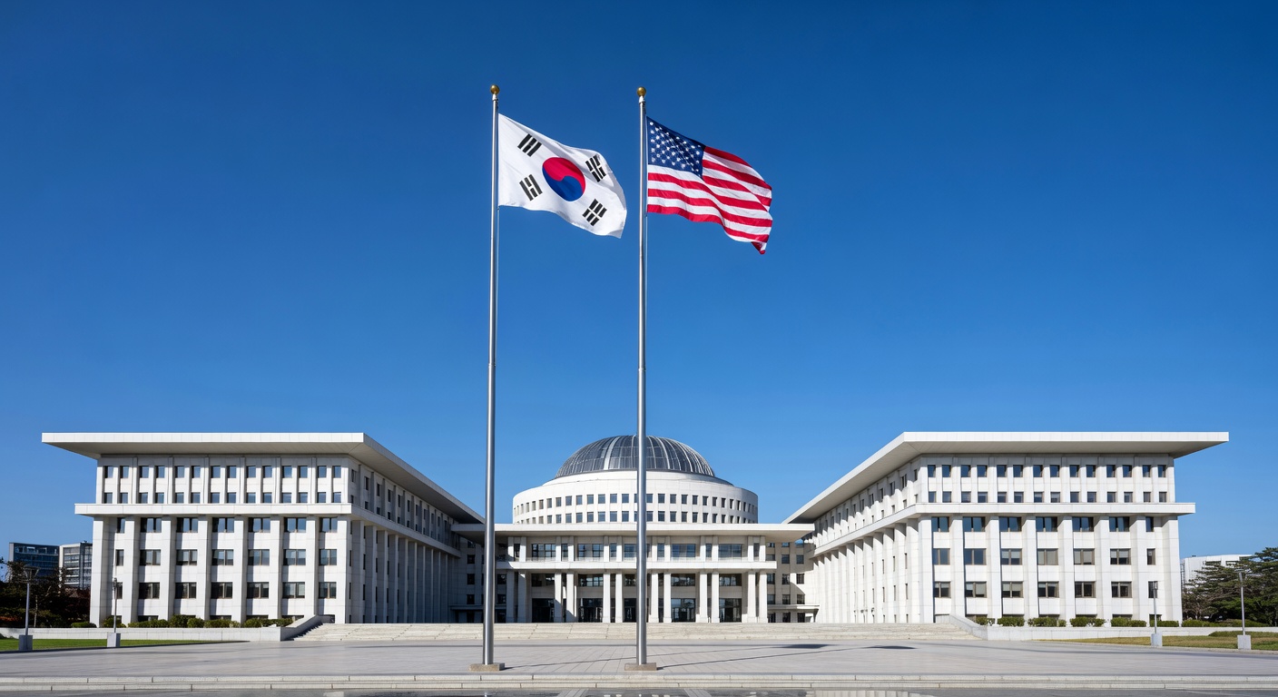 National Assembly building in Seoul with South Korea and US flags