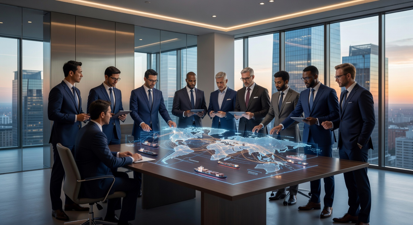 International analysts discussing global trade networks