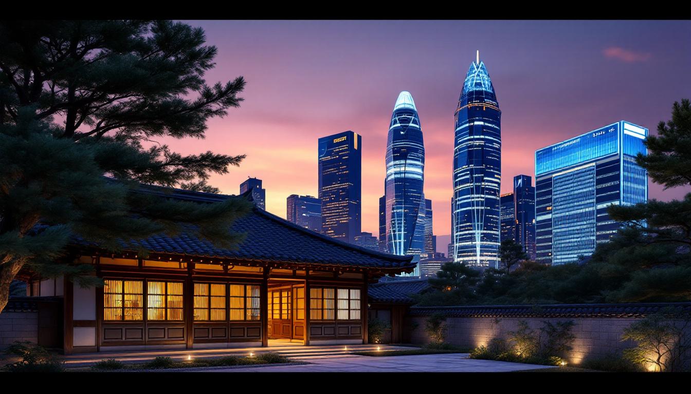 서울 도심의 현대적인 고층 빌딩과 조화를 이루는 전통 한옥의 모습