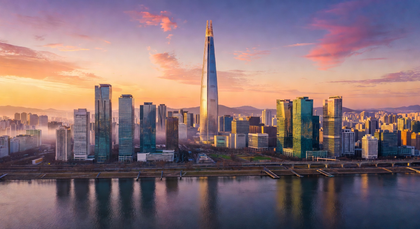 Sunrise Over Seoul Skyline and Han River