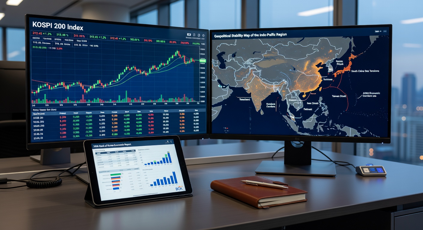 Professional financial analyst workspace in Seoul with KOSPI market data and security maps.