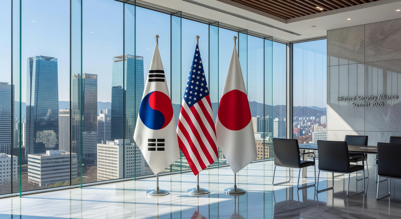 Diplomatic flags of South Korea, the United States, and Japan in a modern Seoul conference hall.