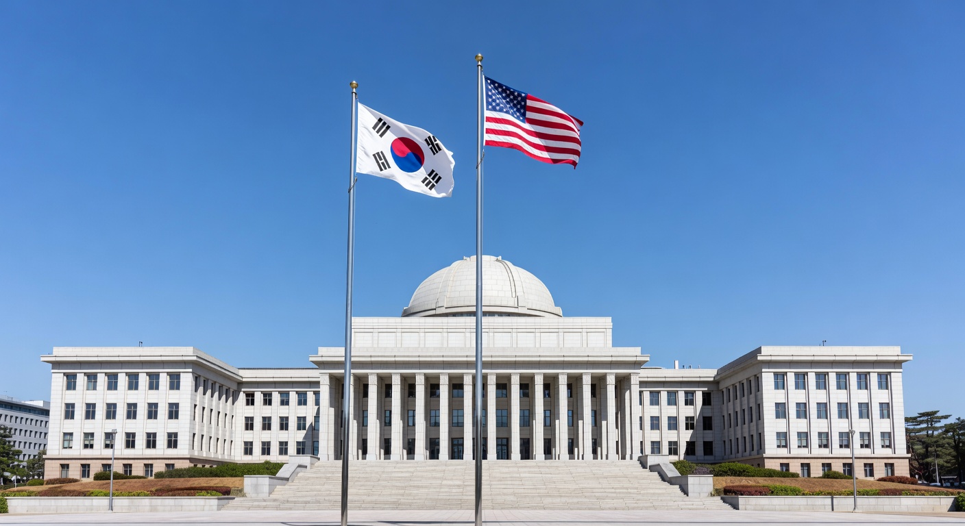 대한민국 국회의사당과 한미 동맹을 상징하는 국기들