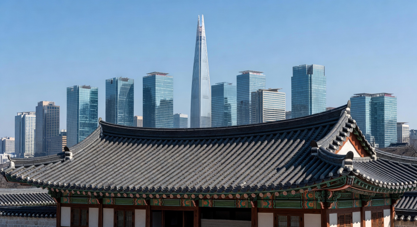 Traditional Hanok and Modern Seoul Skyscrapers Perspective