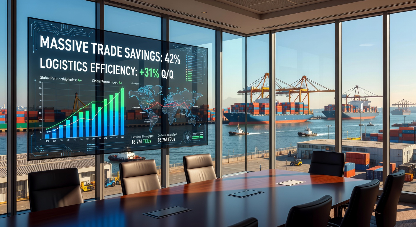 Boardroom overlooking an international trade hub with data dashboard