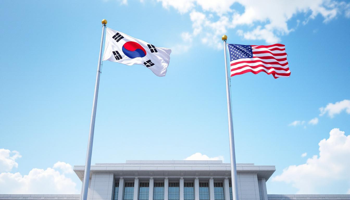 대한민국 국회의사당과 나란히 펄럭이는 태극기와 성조기