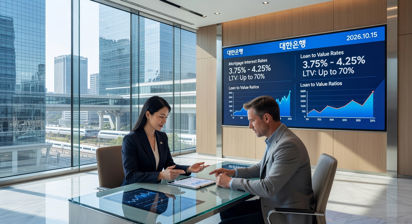 South Korean Bank Interior with Mortgage Data Display 2026