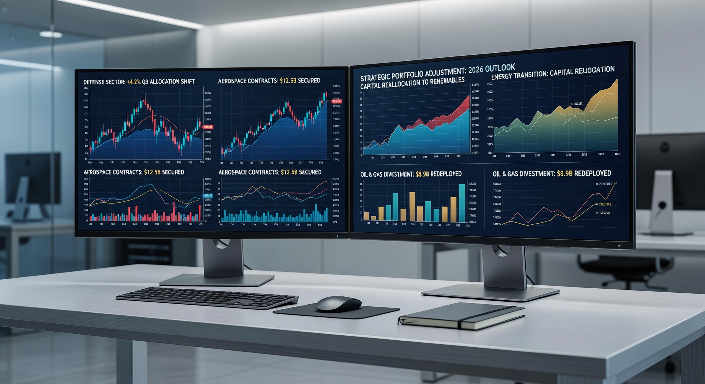 Modern Financial Trading Desk with Defense and Energy Stocks