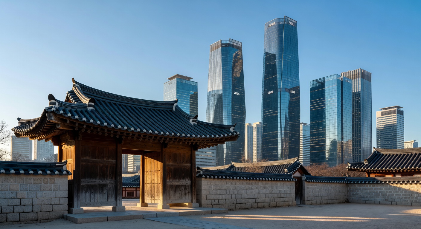 Traditional Hanok gate set against the modern 2026 Seoul skyline