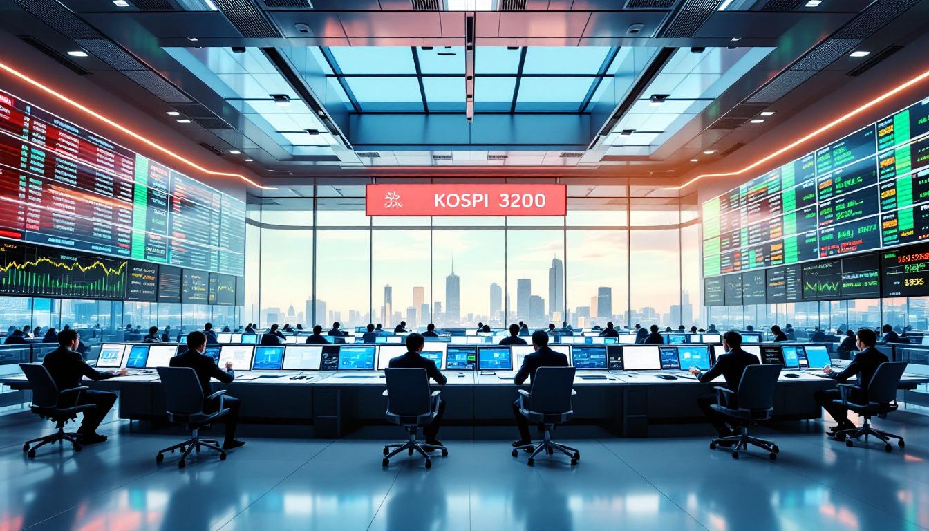 서울 금융거래소에서 주식 시장 데이터를 분석하는 투자자들의 모습