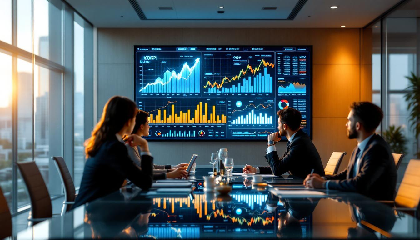 강남 사무실에서 KOSPI 시장 지표를 분석하는 해외 투자자들