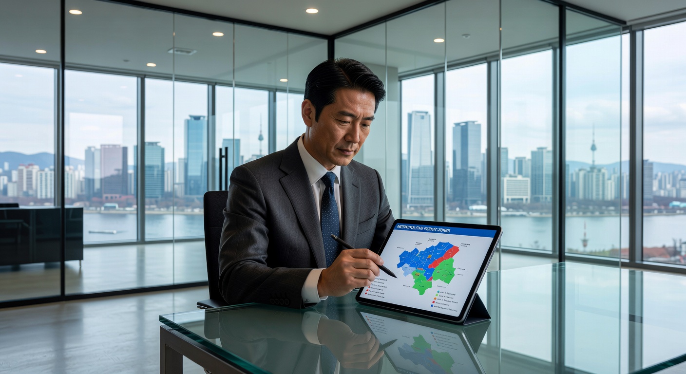International investor reviewing property permit maps in a Seoul office
