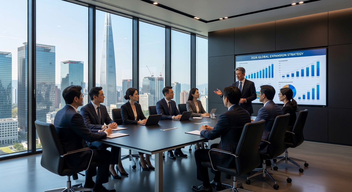 Modern Seoul corporate office overlooking the 2026 city skyline