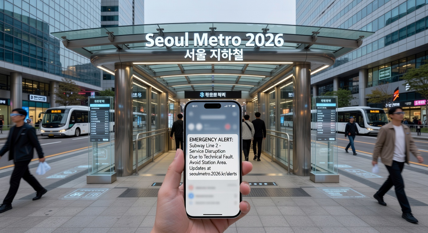 Modern Seoul subway entrance with English safety alert notification