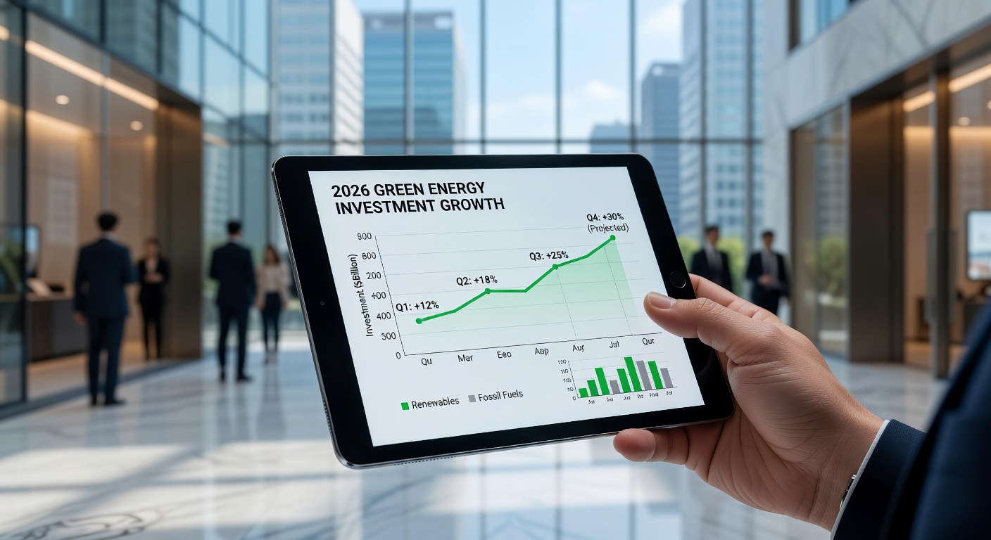 Investor reviewing South Korean green energy growth data on a tablet
