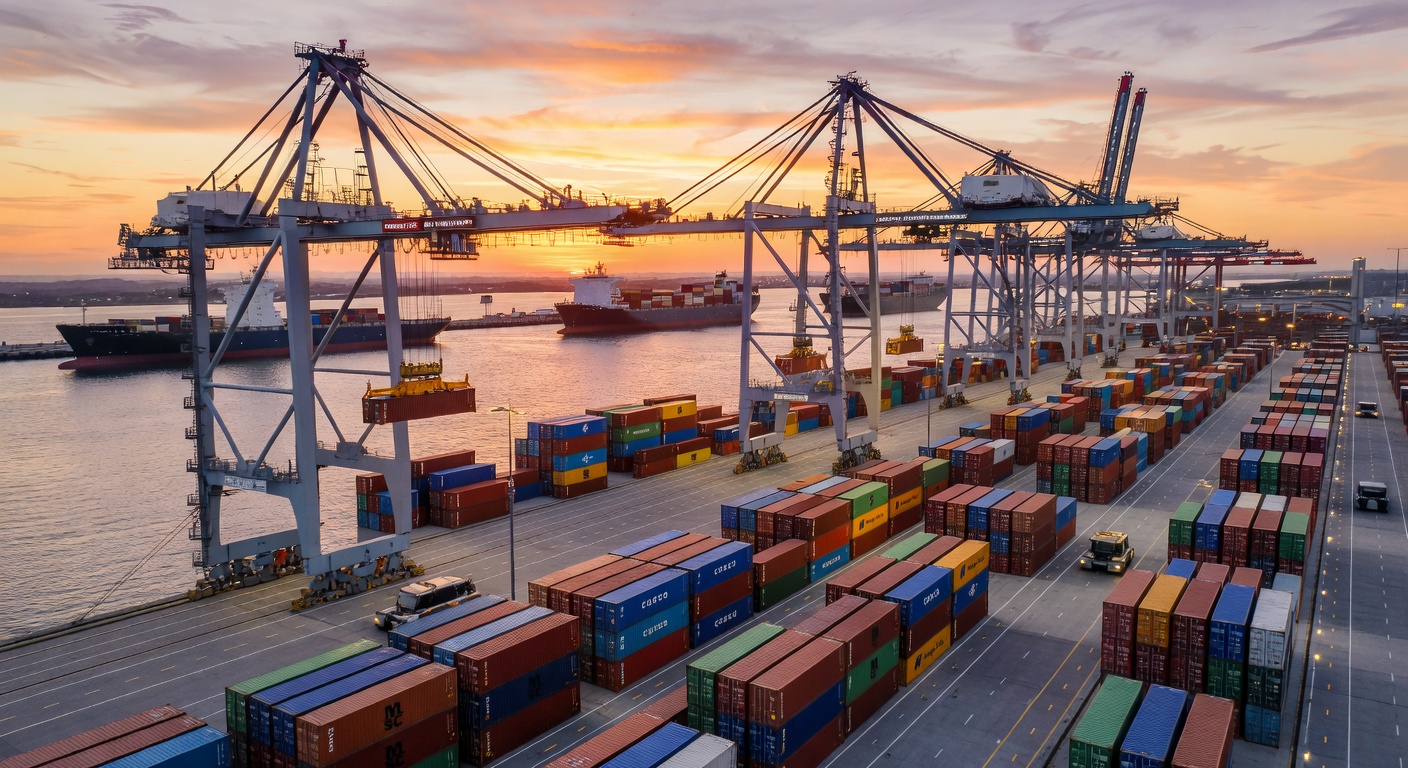 Modern automated container port 2026 representing free market trade