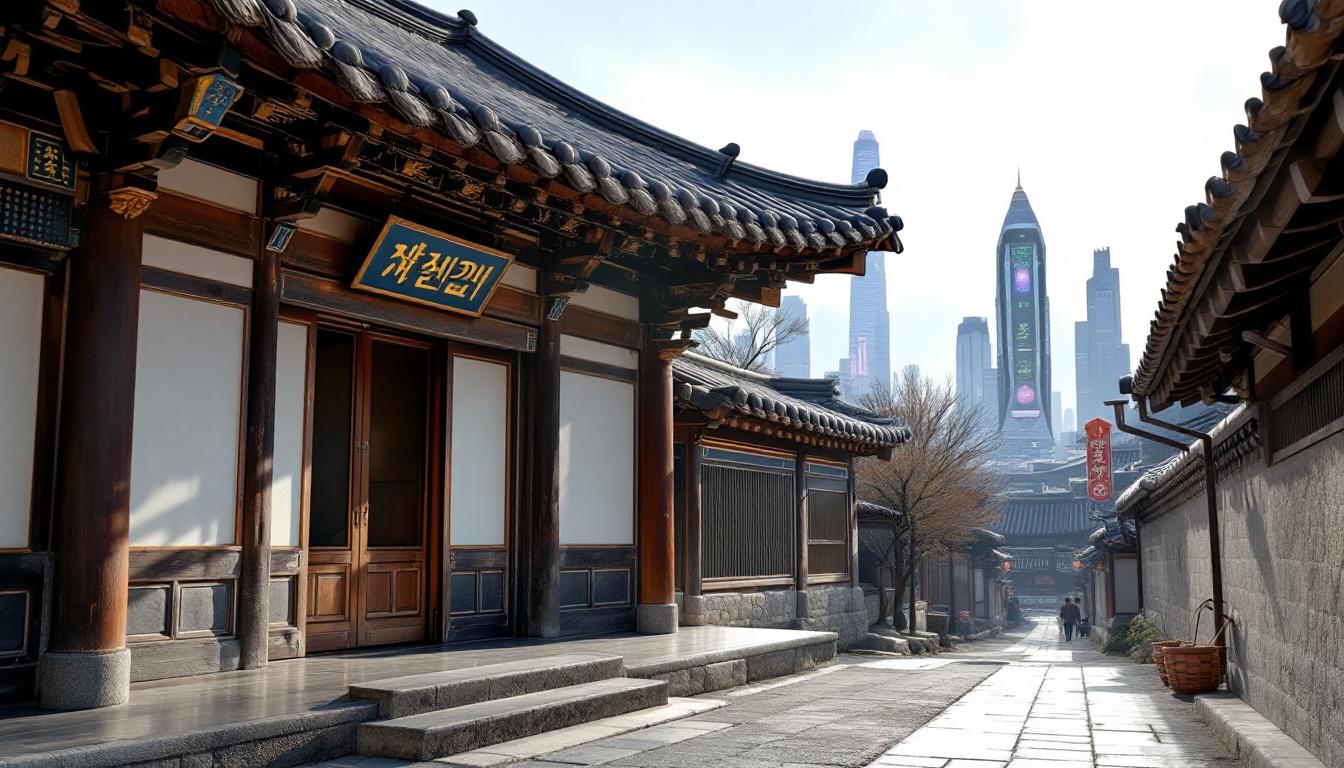 북촌 한옥마을의 전통 가옥과 서울의 현대적인 스카이라인이 조화를 이룬 모습