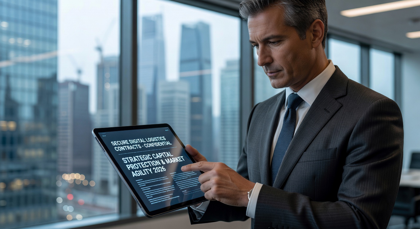 Executive reviewing digital logistics contracts in a financial hub