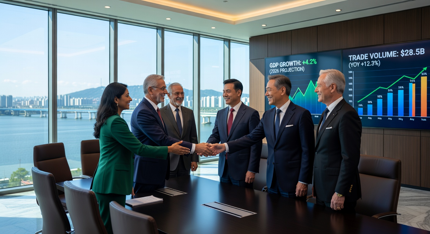 International investors meeting with a South Korean governor in a modern Seoul skyscraper in 2026.