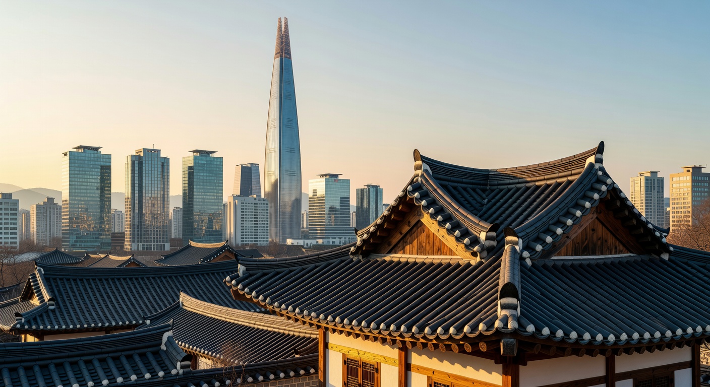 전통 한옥과 현대적인 강남 스카이라인이 조화를 이룬 서울 전경