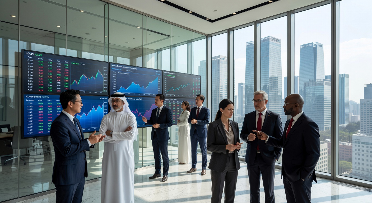 여의도 금융 지구를 배경으로 한 글로벌 투자자들의 비즈니스 미팅