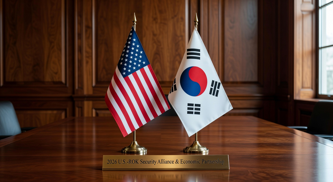 US and South Korea flags in a formal diplomatic setting