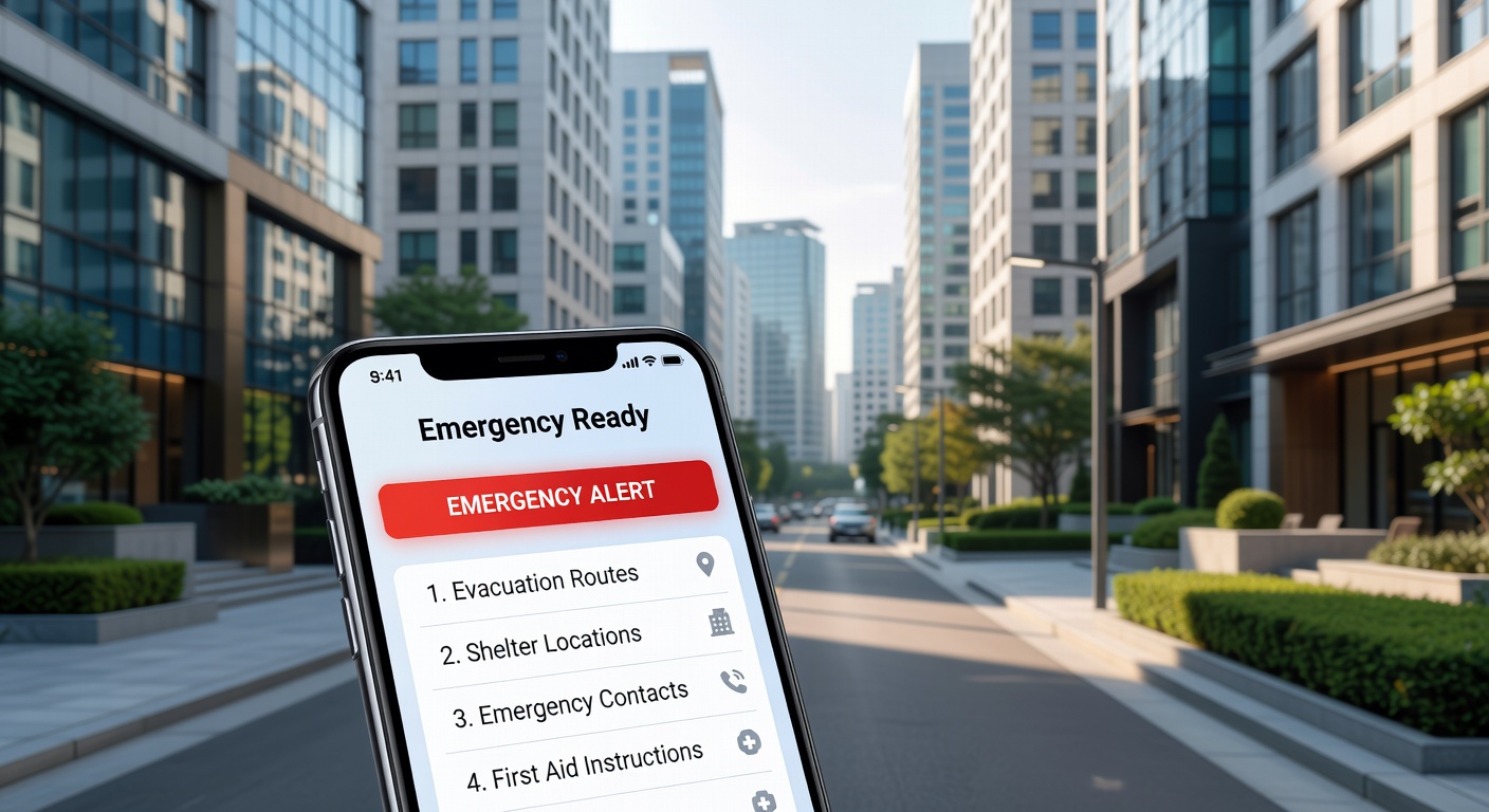 Emergency Ready App on a smartphone in a premium Seoul residential district