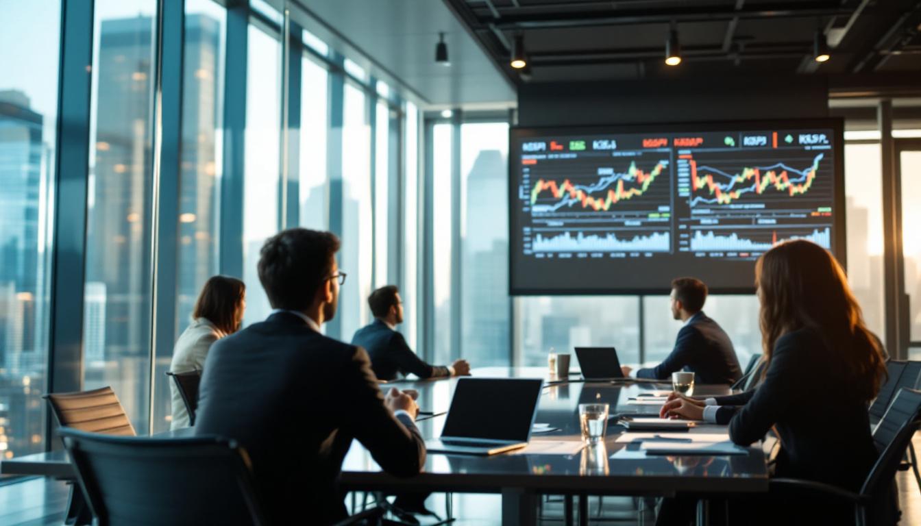 서울의 현대적인 사무실에서 경제 지표를 분석하는 글로벌 투자자들