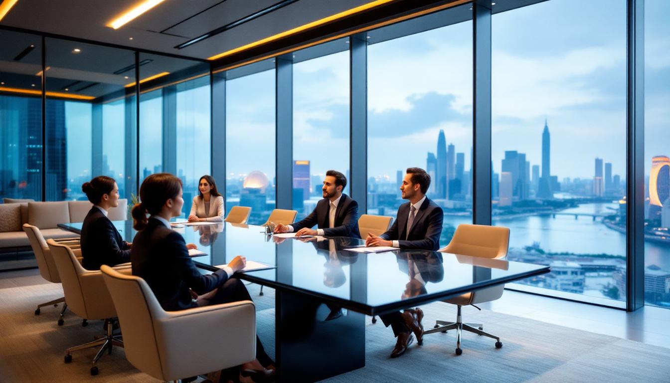 서울의 현대적인 사무실에서 데이터를 분석하며 협의 중인 글로벌 투자자들