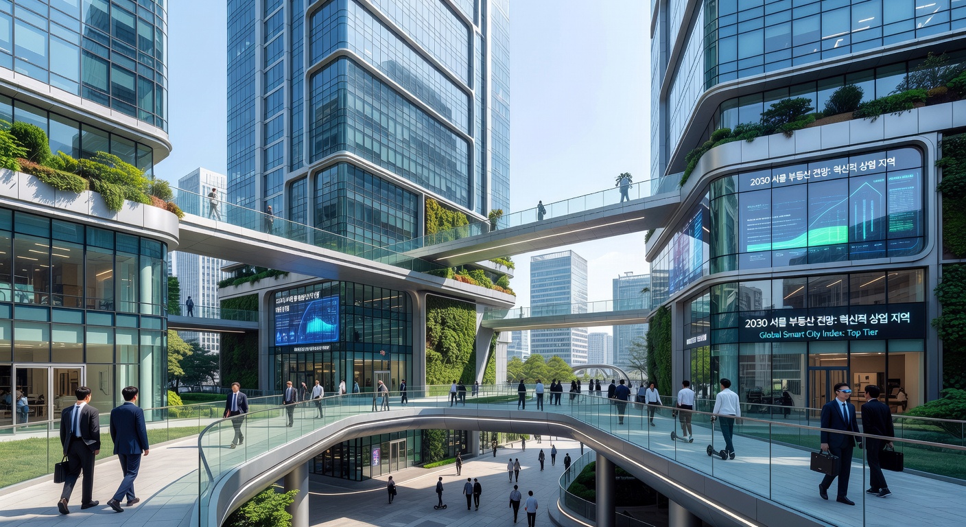 Futuristic commercial district in Seoul with advanced infrastructure