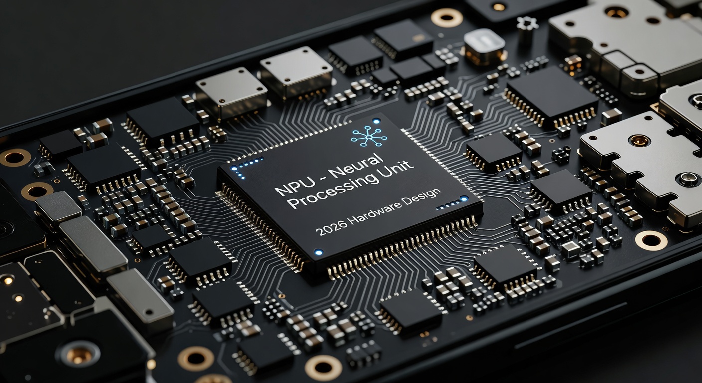 High-End Smartphone Motherboard with NPU Chip Close-up 2026
